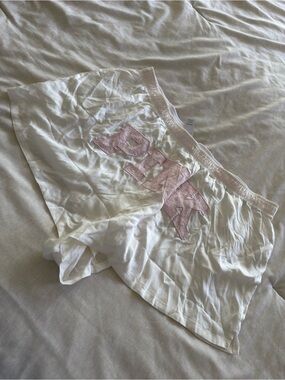 PINK Victoria's Secret White Satin-Look Sleep Shorts with Pink Logo